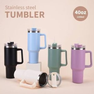 Tumbler with Straw Lid and Handle, Stainless Steel Vacuum Insulated Coffee Cup
